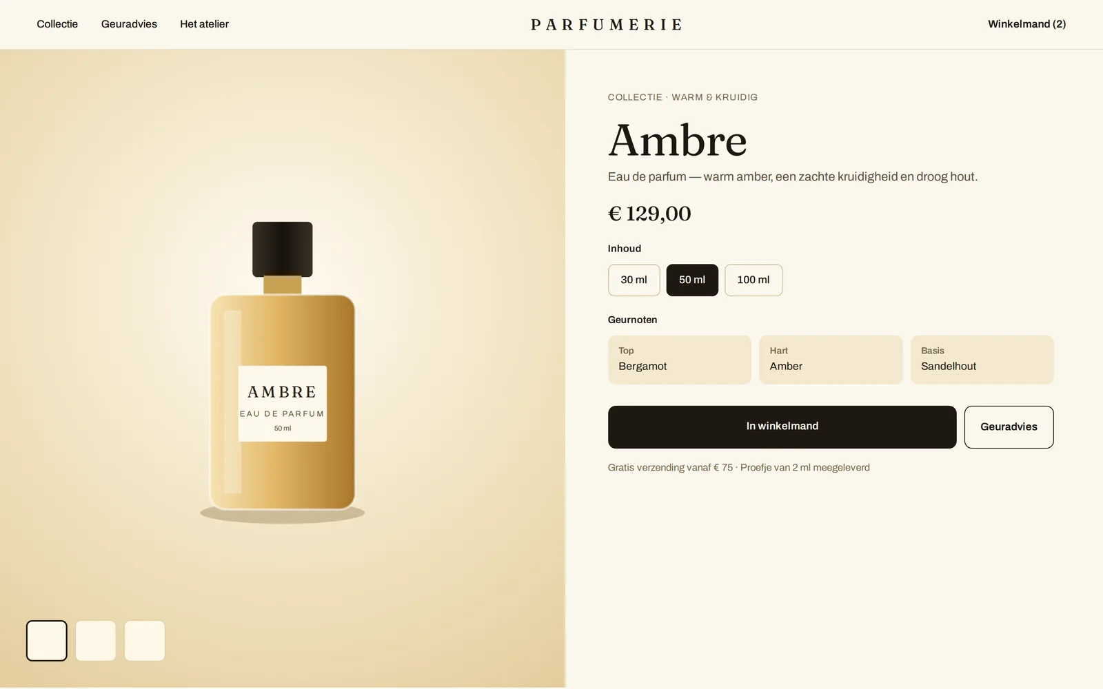 Studio-project: productpagina van de parfumwebshop met een flacon, de keuze in inhoud, geurnoten in top, hart en basis, en de knoppen “In winkelmand” en “Geuradvies” (voorbeelddata)