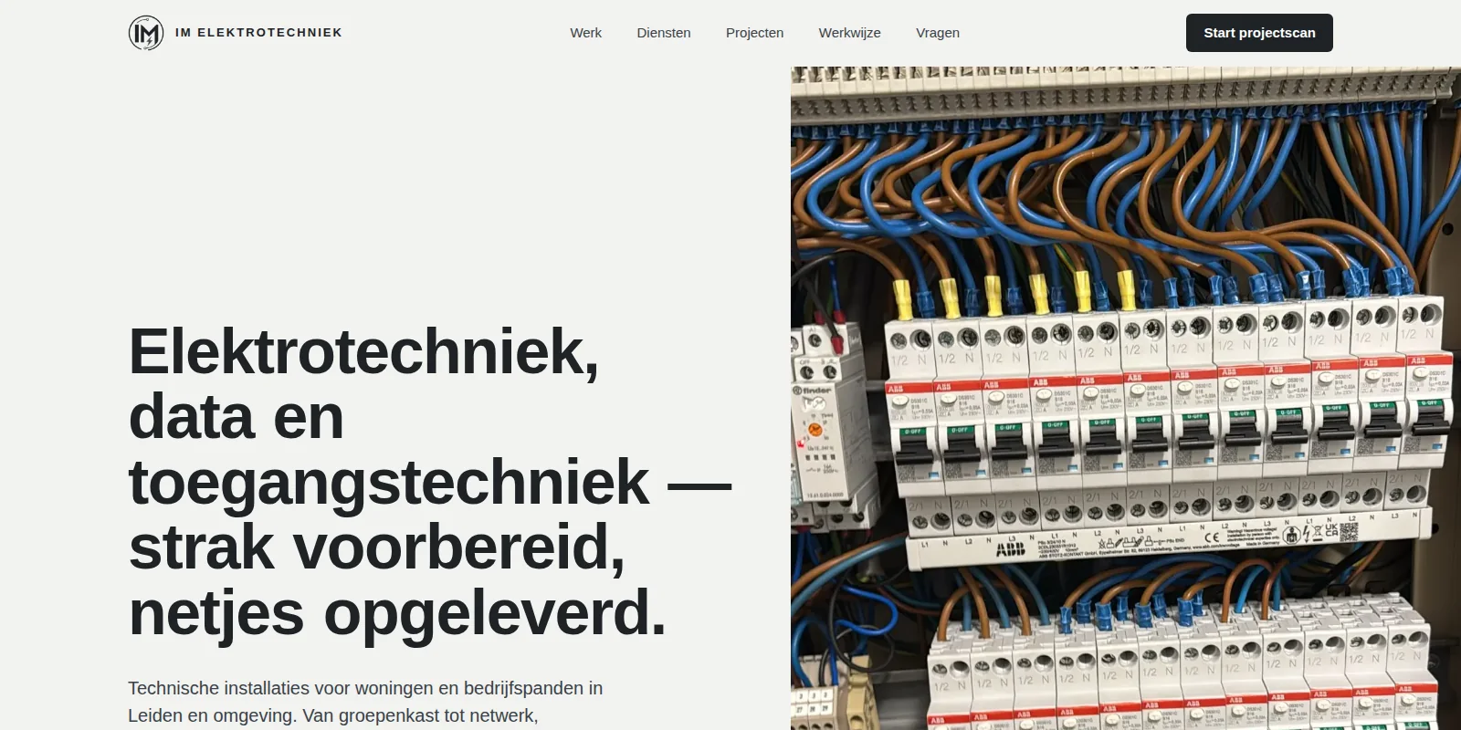 Schermafbeelding van de website van IM Elektrotechniek op laptop: links de kop en twee knoppen, rechts een foto van een verdeler met aardlekautomaten