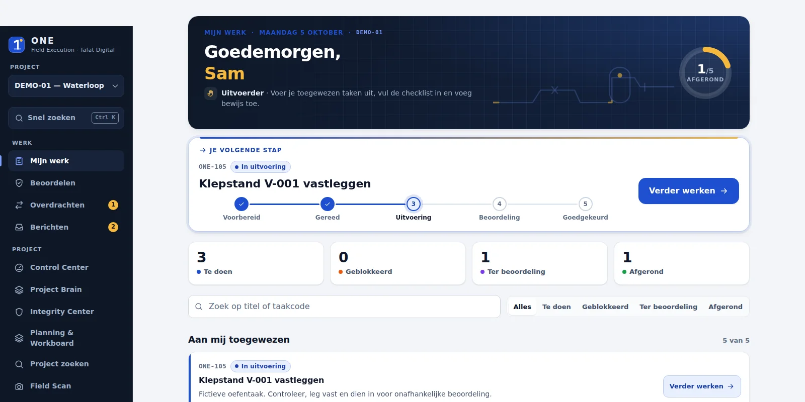 Scherm “Mijn werk” uit ONE op laptop met een fictief oefenproject: links de navigatie, rechts de volgende stap in vijf fasen, vier tellers en de toegewezen taken