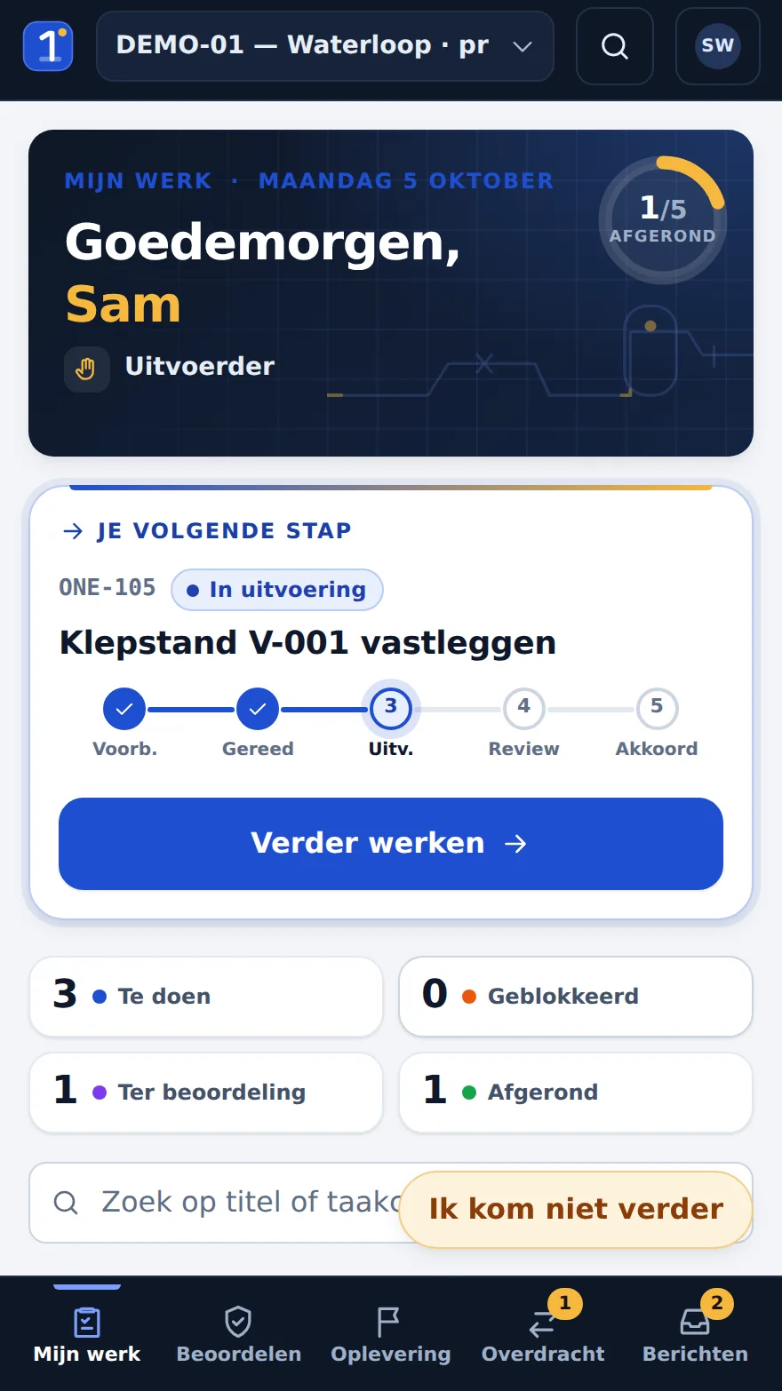 Scherm uit ONE op mobiel met een fictief oefenproject: de begroeting, de volgende stap “Klepstand V-001 vastleggen” in vijf fasen en de tellers te doen, geblokkeerd, ter beoordeling en afgerond